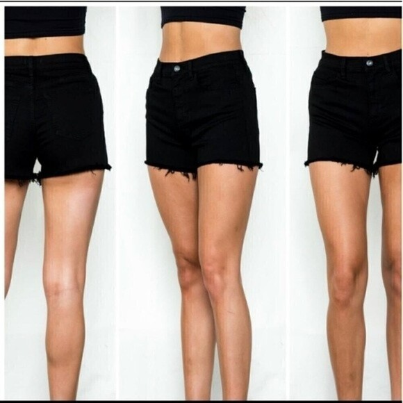 denim Womens Jean shorts butterfly buttons HIGH RISE 25 BLACK raw hem 𝅺APRIL77 - Picture 2 of 13